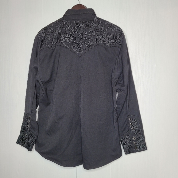 VTG Scully Men Western Snaps Button Shirt Size Medium Black Embroidered Floral - Picture 9 of 16